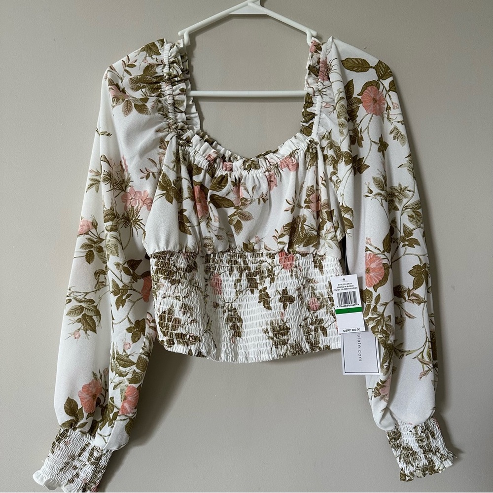 1. State Floral Smocked Blouse - White and Pink